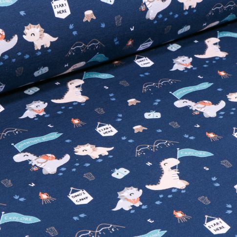 Tissu Jersey Coton Dinosaures et montagnes sur fond Bleu marine