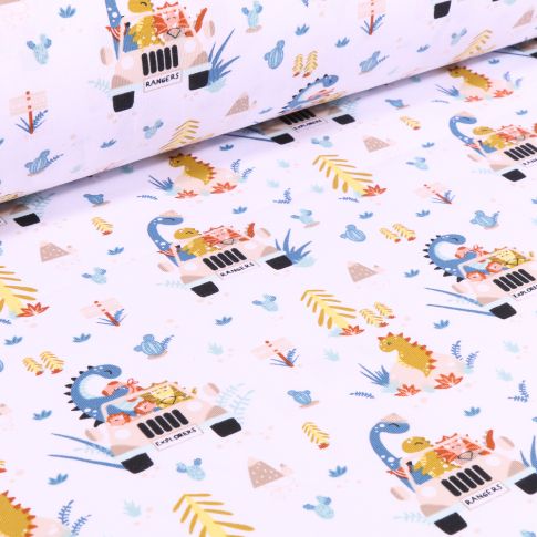 Tissu Jersey Coton Dinosaures en expédition sur fond Blanc