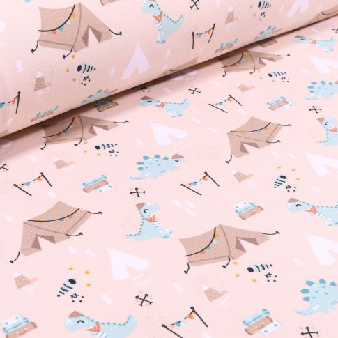 Tissu Jersey Coton Bivouac Dino sur fond Beige