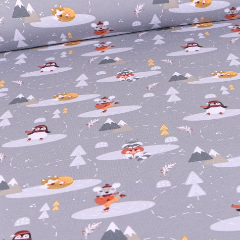 Tissu Jersey Coton Animaux sur la banquise sur fond Gris