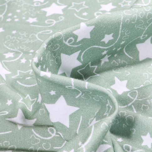 Tissus Jersey Coton Etoiles et serpentins sur fond Vert d'eau