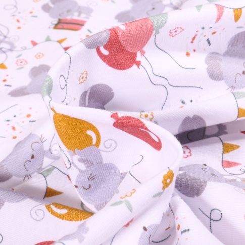 Tissus Jersey Coton Birthday sur fond Blanc