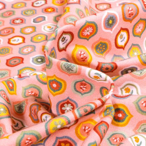 Tissu Jersey Coton Gouttelettes fleuris sur fond Corail