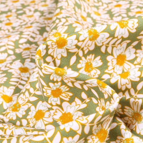 Tissu Jersey Coton Marguerites sur fond Vert
