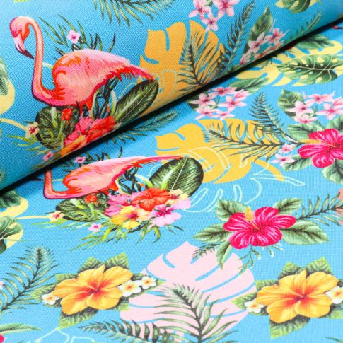 Tissu Burlington Flamingo sur fond Bleu turquoise