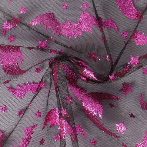Tissu Tulle souple  Morgana chauves-souris paillettes Fuchsia sur fond Noir