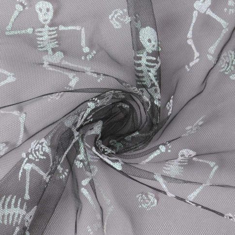 Tissu Tulle souple  Morgana squelettes paillettes argentés et irisés sur fond Noir