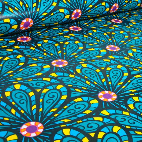 Tissu Wax africain n°  745 sur fond Bleu turquoise