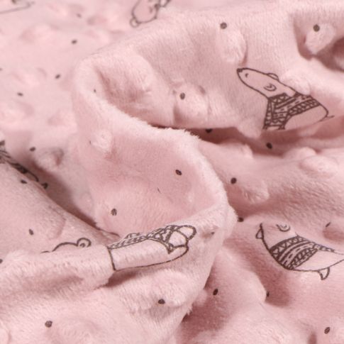 Tissu Minky Ultra doux Pois Oursons sur fond Rose