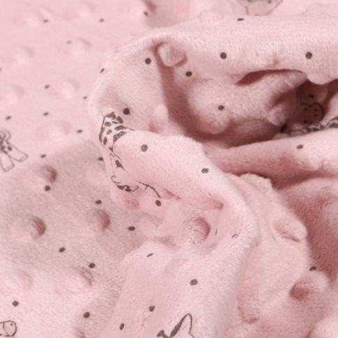 Tissu Minky Ultra doux Pois Girafes sur fond Rose poudré