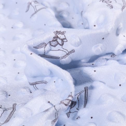 Tissu Minky Ultra doux Pois  Cheval à bascule sur fond Bleu ciel