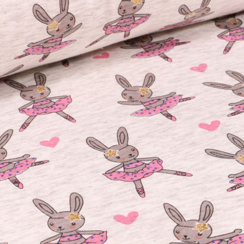 Tissu Sweat envers minky Lapin danseuse sur fond Beige chiné