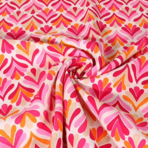 Tissu Viscose imprimé Art déco fuschia sur fond Ecru