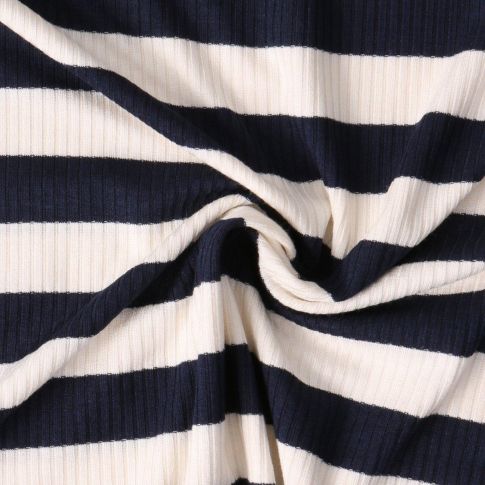 Tissu Jersey Viscose cotêlé Oréane rayures Bleu marine sur fond Blanc