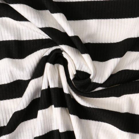 Tissu Jersey Viscose cotêlé Oréane rayures Noires sur fond Blanc