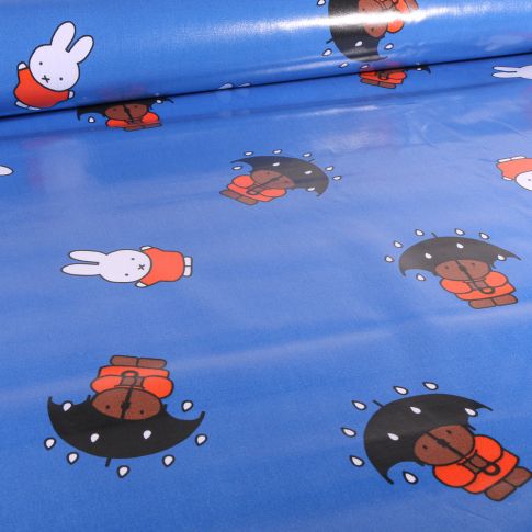 Tissu coton ciré de pluie imperméable Miffy Rain sur fond Bleu