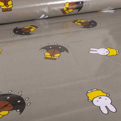 Tissu coton ciré de pluie imperméable Miffy Rain sur fond Gris