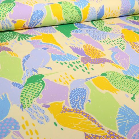 Tissu Crêpe lourd extensible  imprimé Birds sur fond Jaune