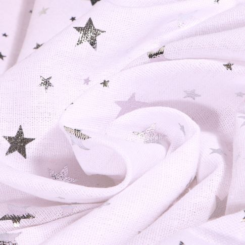Tissu Toile de jute Etoiles métallisés argentés sur fond Blanc