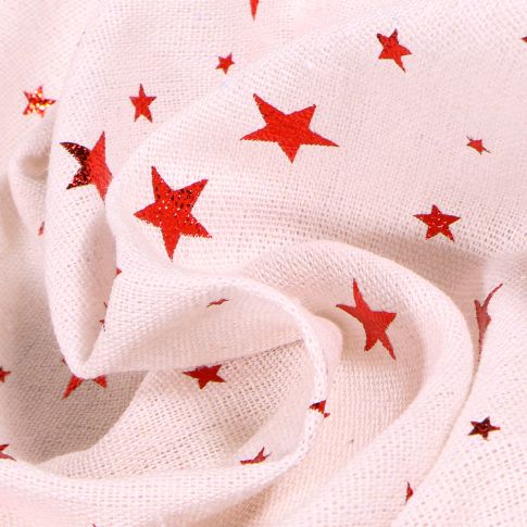Tissu Toile de jute Etoiles métallisés rouge sur fond Blanc