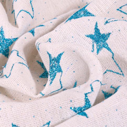 Tissu Toile de jute Etoiles pailletés sur fond Blanc