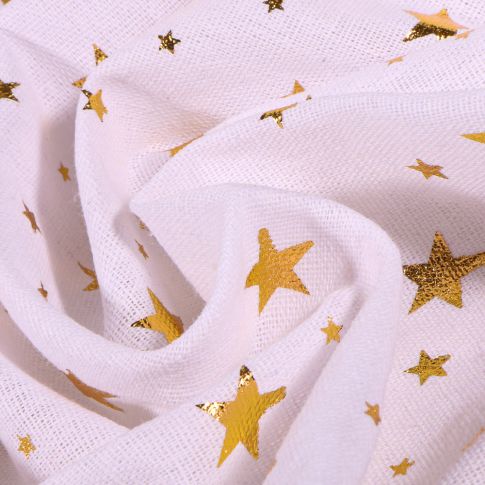 Tissu Toile de jute Etoiles métallisés dorés sur fond Blanc