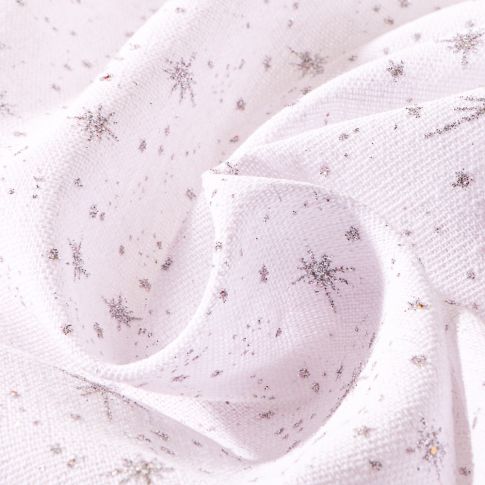 Tissu Toile de jute Etoiles pailletés argentés sur fond Blanc