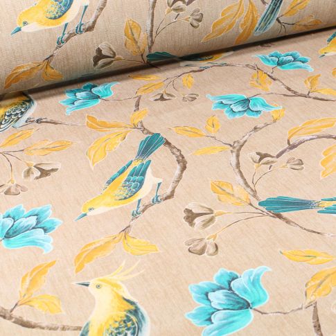Tissu Velours d'ameublement Oiseaux et fleurs  sur fond Beige