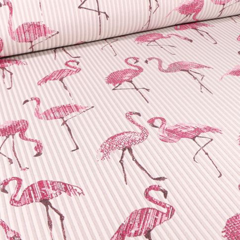 Tissu Jacquard Flamant rose et rayures sur fond Beige