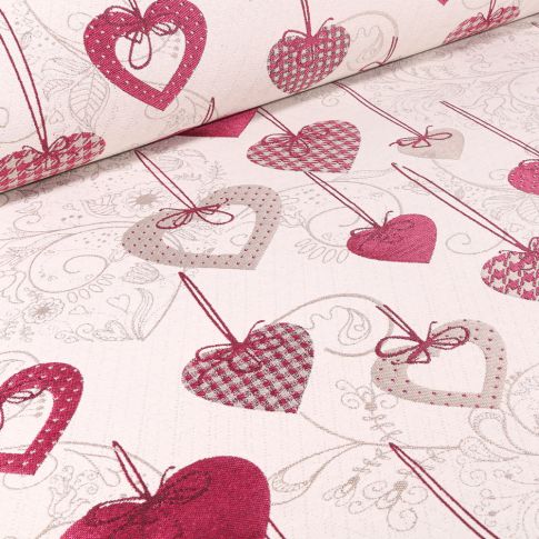 Tissu Jacquard Cœurs rouge et beige sur fond Beige