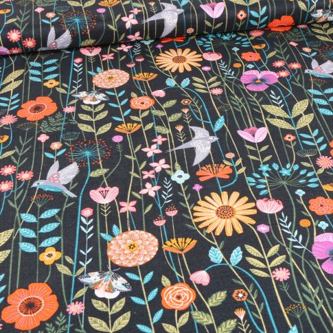 Tissu Coton Dashwood Studio Aviary fleurs sur fond Noir