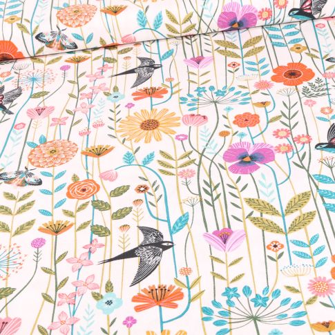 Tissu Coton Dashwood Studio Aviary fleurs sur fond Blanc