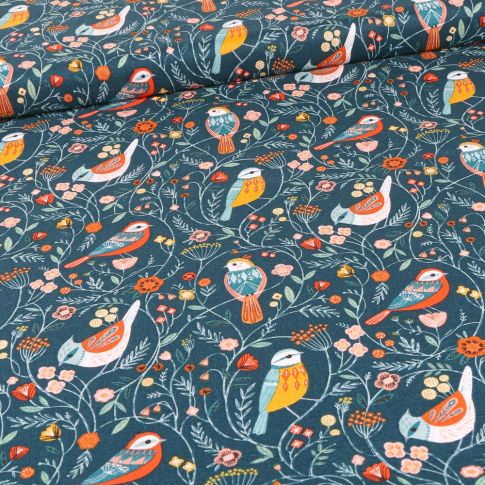 Tissu Coton Dashwood Studio Aviary oiseaux sur fond Bleu ancien
