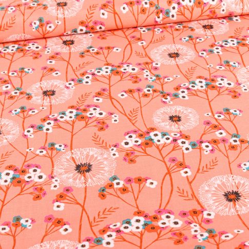 Tissu Coton Dashwood Studio Aviary pissenlits sur fond Saumon