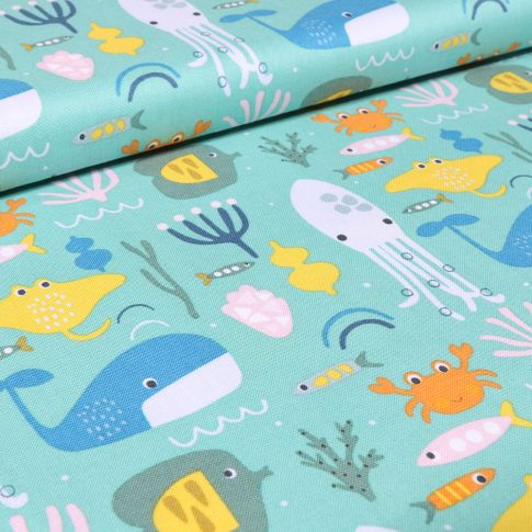 Tissu Coton Dashwood Studio Animaux marins sur fond Bleu lagon