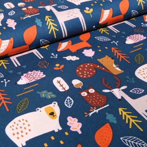 Tissu Coton Dashwood Studio Animaux  de la forêt sur fond Bleu marine
