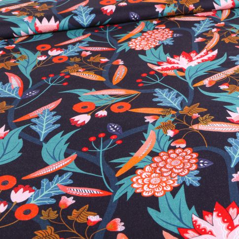 Tissu Viscose Gardenia Dashwood Studio Gardenia sur fond Bleu nuit