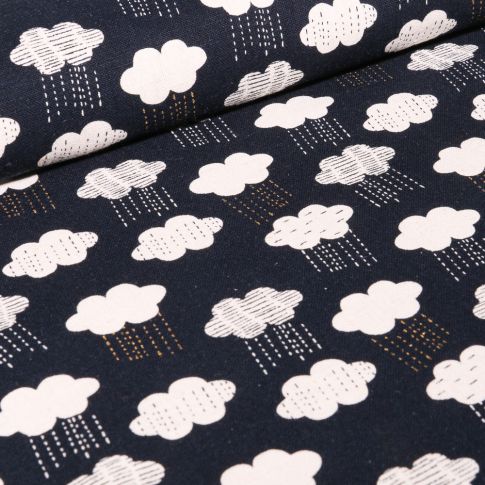 Tissu Coton Lin Dashwood Studio Nuages pluvieux sur fond Bleu marine