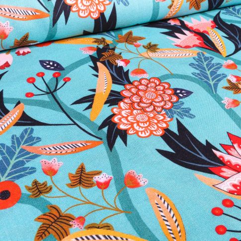 Tissu Viscose Dashwood Studio Végétations tropical sur fond Bleu turquoise