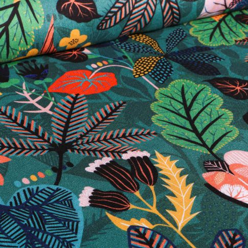 Tissu Viscose Dashwood Studio Végétations tropical sur fond Vert foncé