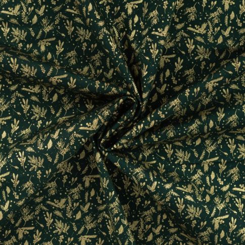 Tissu Coton imprimé motifs de Noël dorés sur fond Vert sapin