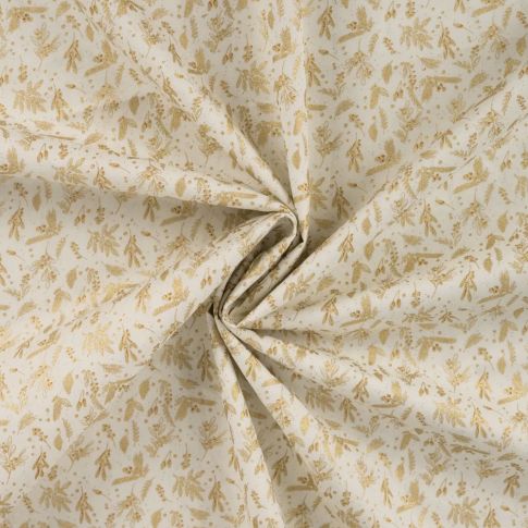 Tissu Coton imprimé motifs de Noël dorés sur fond Ecru