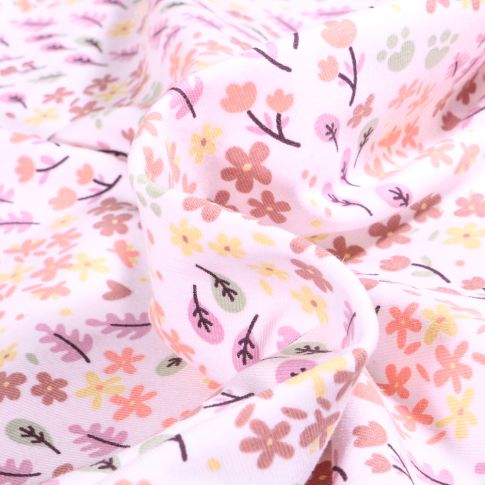 Tissu Jersey Coton Petites feuilles et fleurs colorés sur fond Blanc