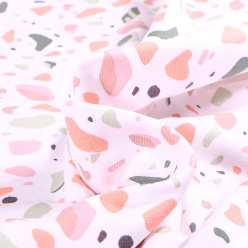 Tissu Jersey Coton Terrazzo rose et vert sur fond Blanc