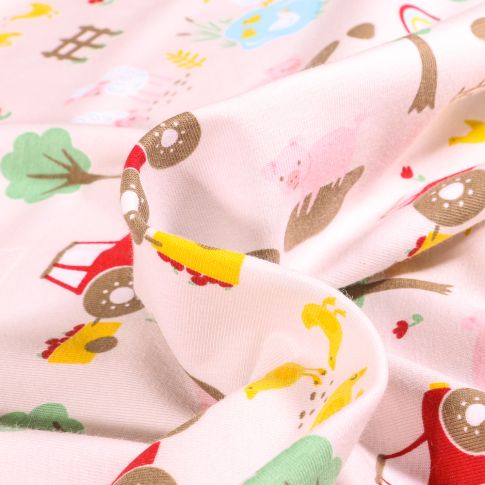 Tissu Jersey Coton Animaux de la ferme et tracteur sur fond Blanc cassé