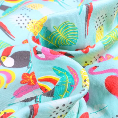 Tissu Jersey Coton Animaux des tropiques sur fond Bleu turquoise
