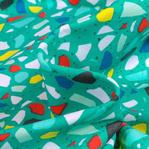 Tissu Jersey Coton Terrazzo sur fond Vert émeraude