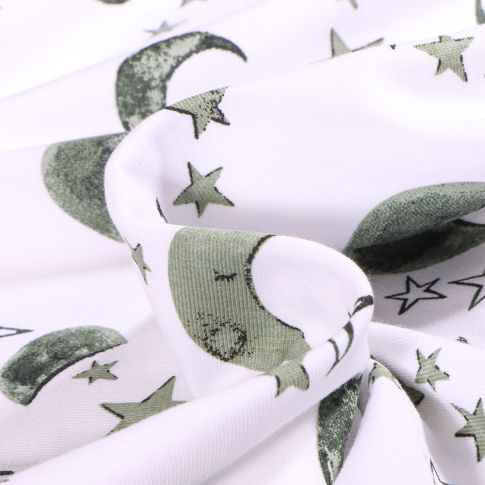 Tissu Jersey Coton Lunes et étoiles kaki sur fond Blanc