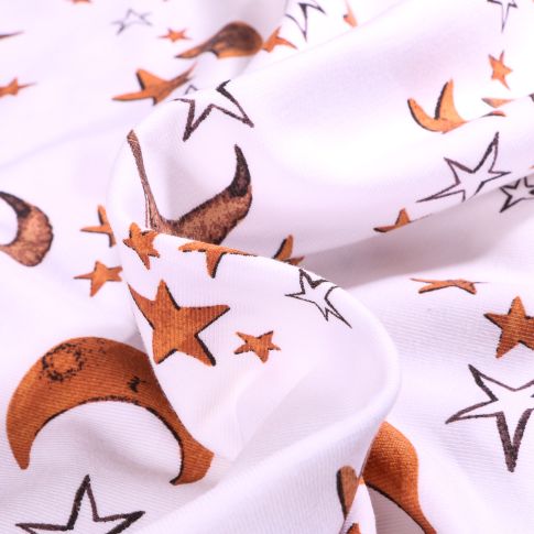 Tissu Jersey Coton Lunes et étoiles cuivre sur fond Blanc