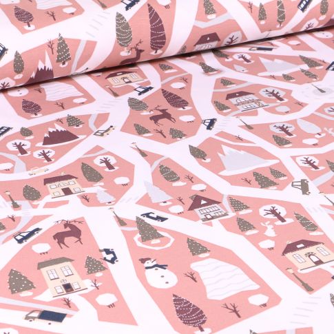 Tissu Jersey Coton Village enneigé sur fond Rose
